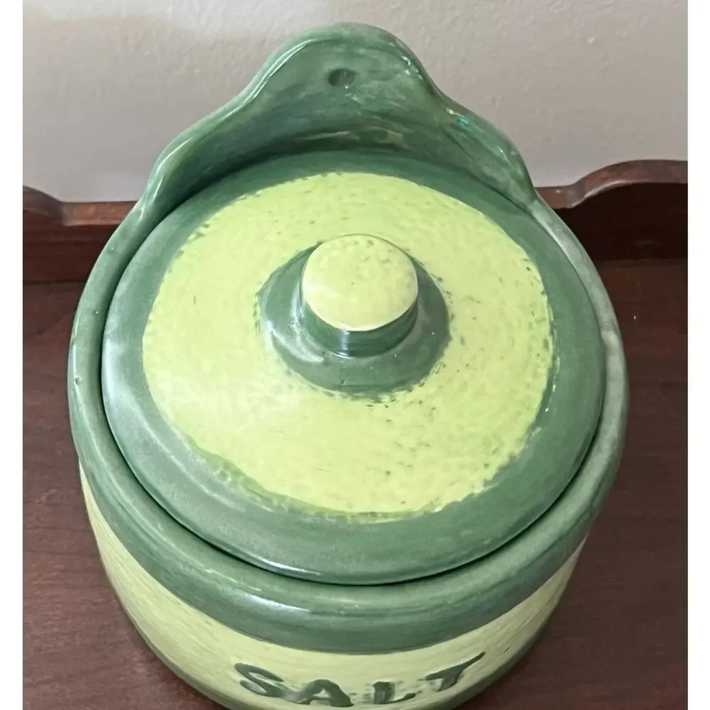 Vintage 1976 Ceramic Salt Cellar Crock Hanging 70s Green Farmhouse Americana
